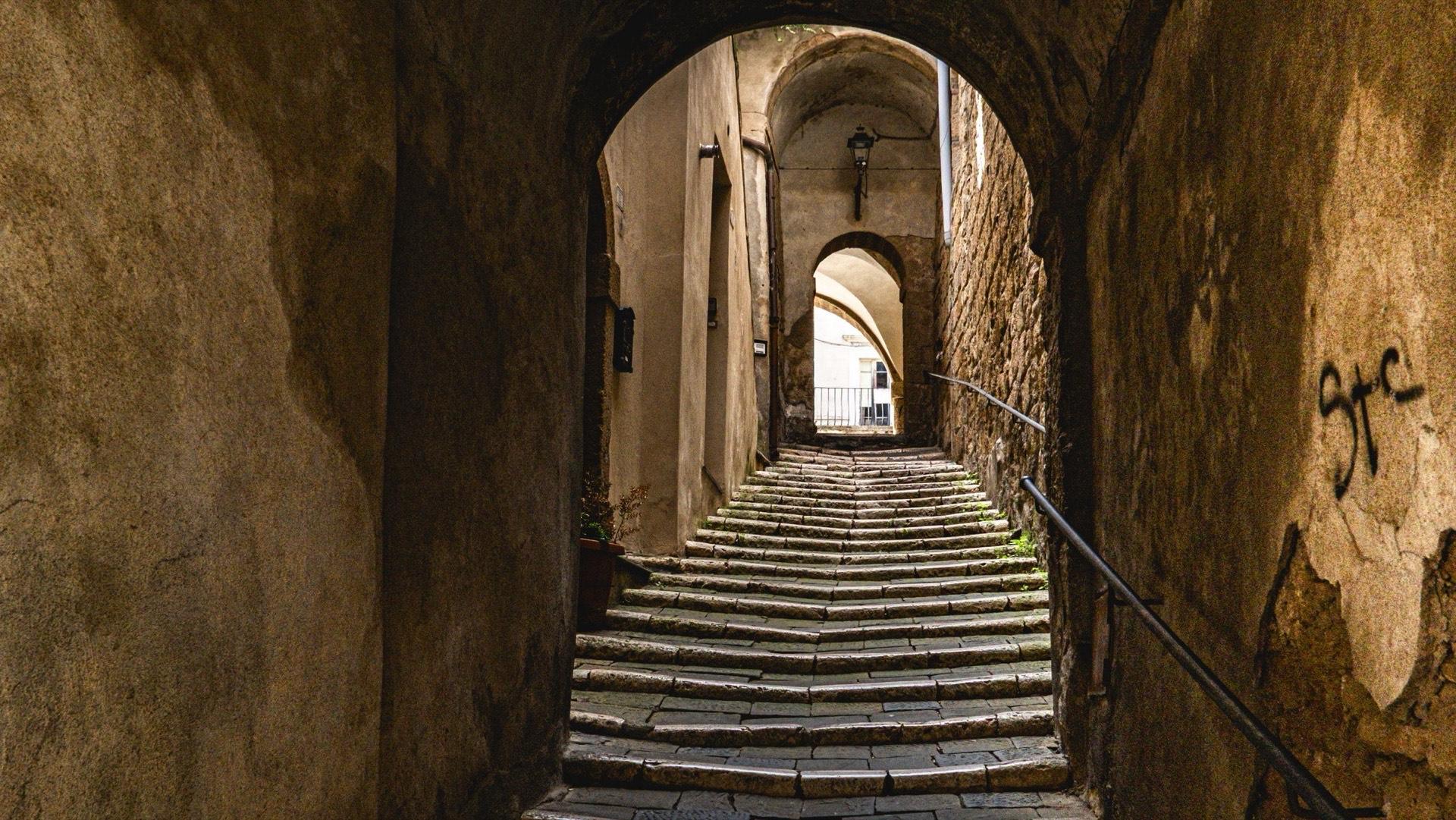 A vaulted stone stairway climbing through an archway into daylight.
